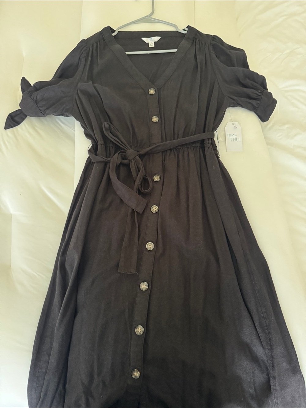 Black Button-Front V-Neck Midi Dress